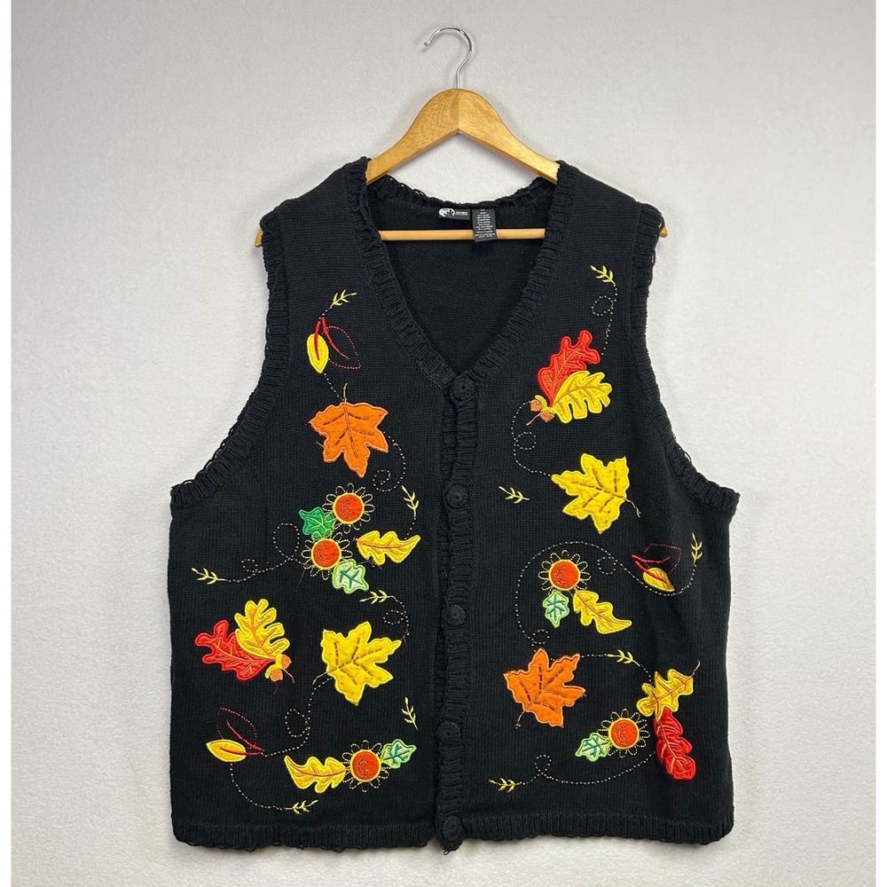 Holiday Editions Vintage Black Knit Sleeveless Vest Leaf Embroidery Womens‎ 2X